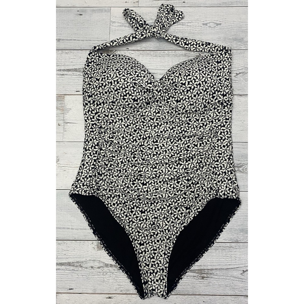 Nip Tuck Swim One Piece Swimsuit Womens 14 Black White Ditsy Floral Halter Beach